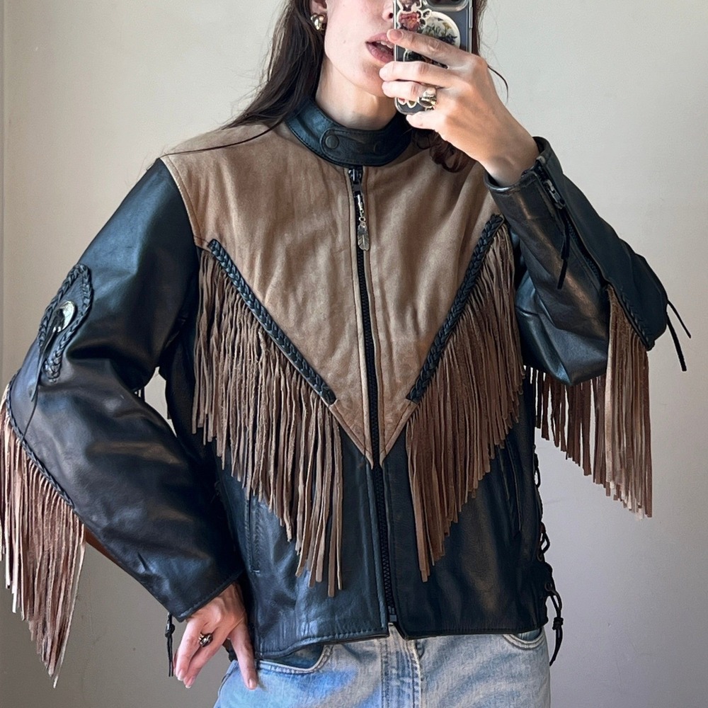 Vintage Leather Fringe Motorcycle Jacket Black Tan Biker‎ Western Braided Lace - Picture 2 of 12